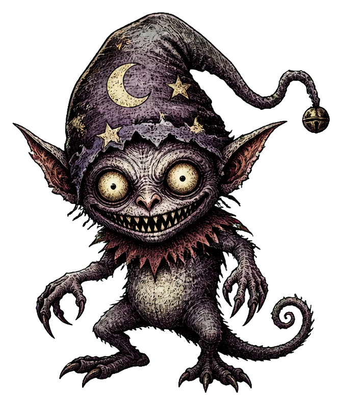 A creepy gremlin with a crescent moon nightcap, sharp ears, and glowing eyes.