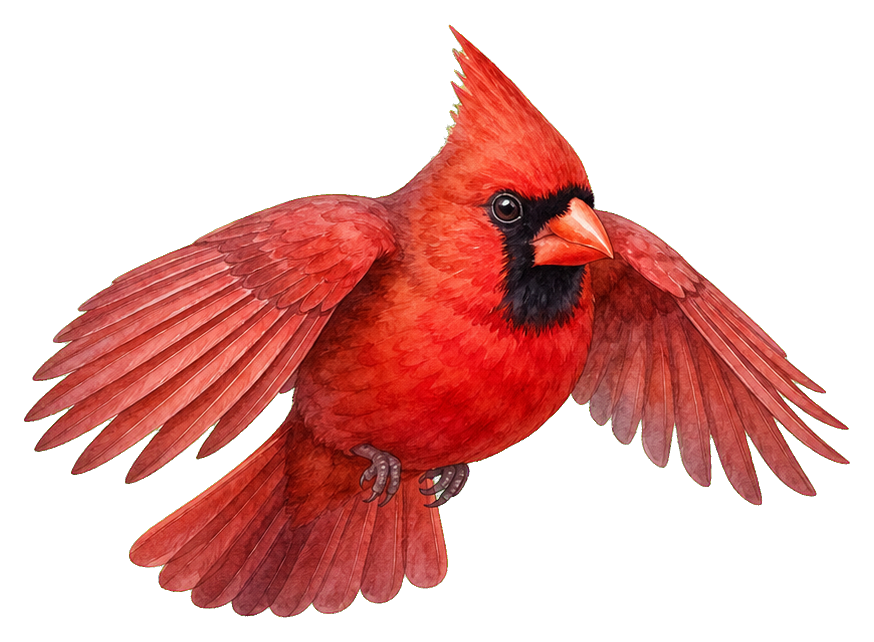 Watercolor red cardinal with wings spread in flight