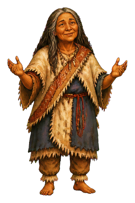 Painted elder in fur clothing with arms open, standing like a prehistoric storyteller.