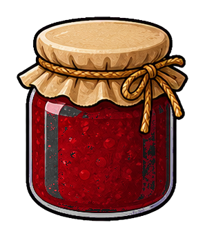 Illustrated glass jar filled with red jam and tied with a cloth lid cover.