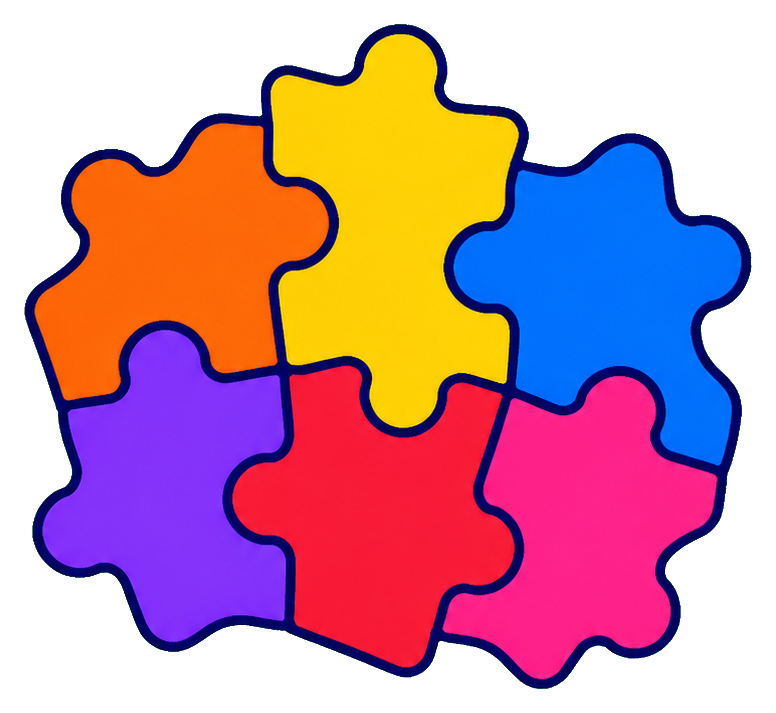 Colorful interlocking puzzle-like mosaic tiles forming a joined badge shape.
