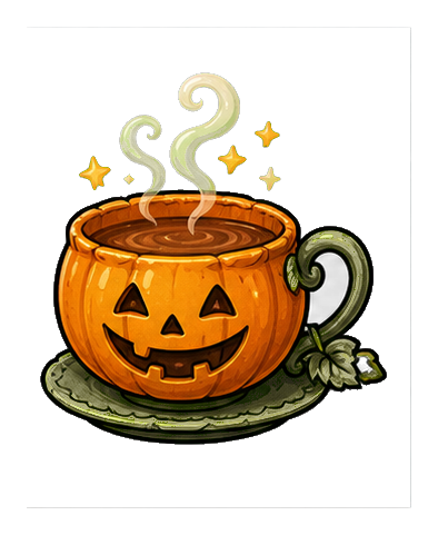 Jack-o'-lantern pumpkin teacup with steam, stars, and a leaf handle