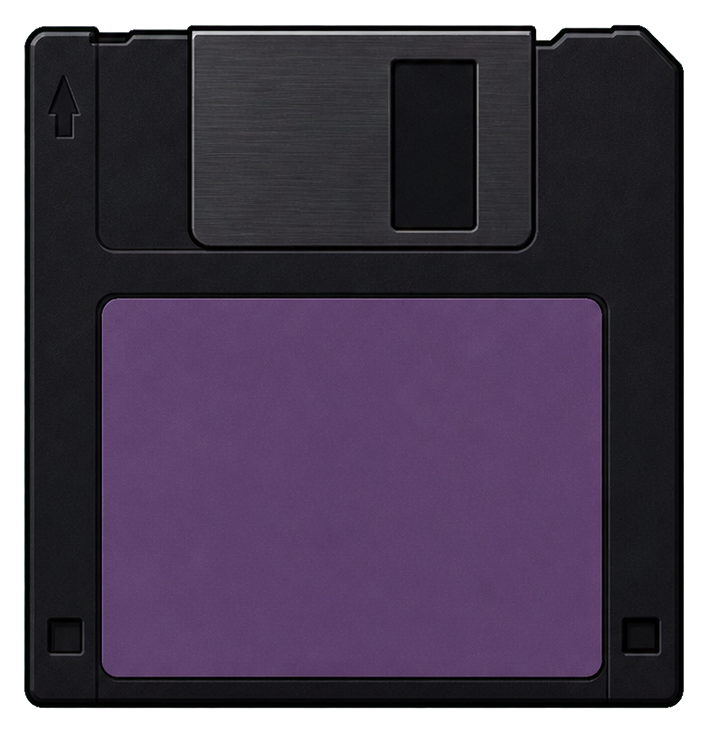 Black floppy disk with a purple label area on a transparent background