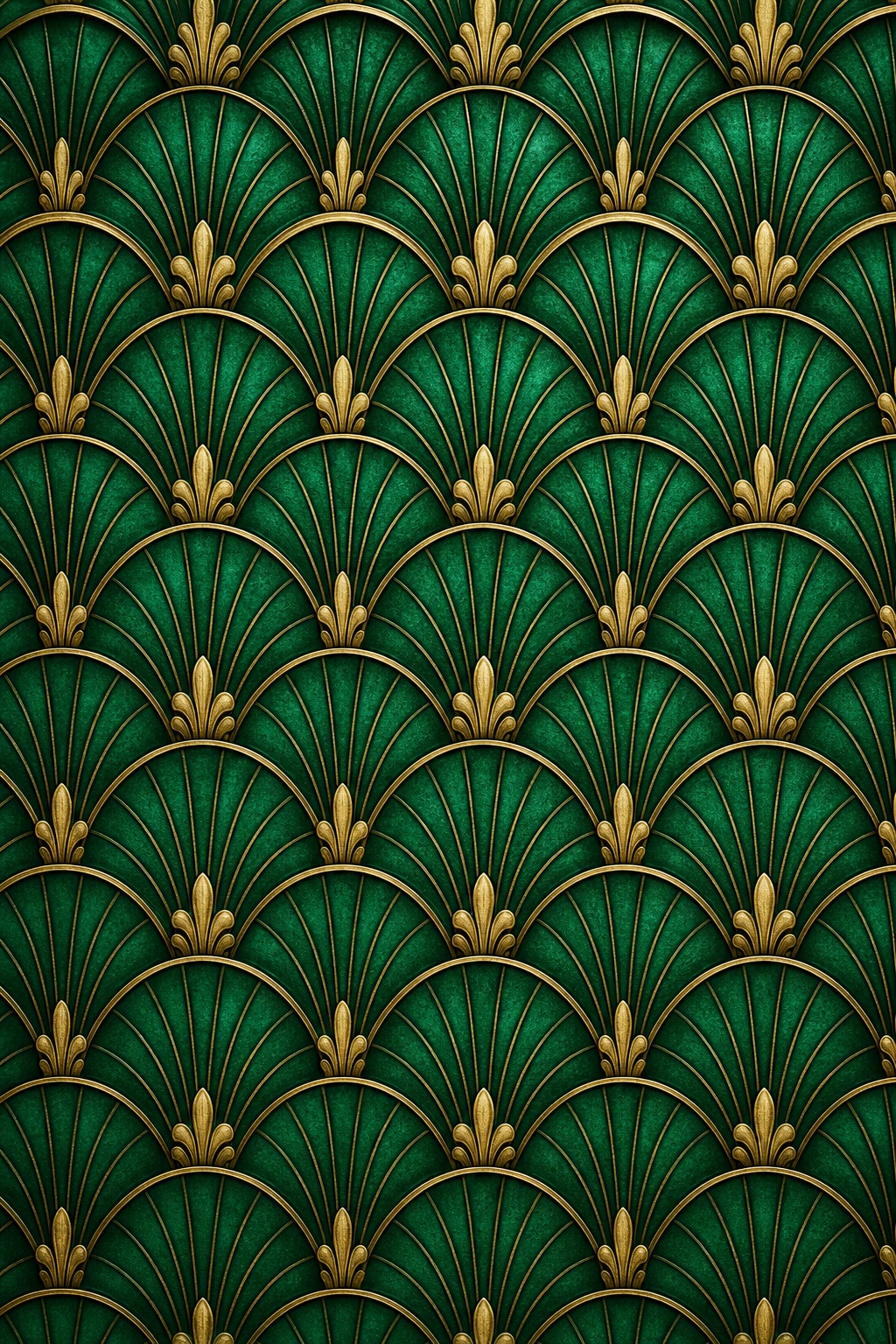 Repeating emerald green fan pattern with gold decorative accents