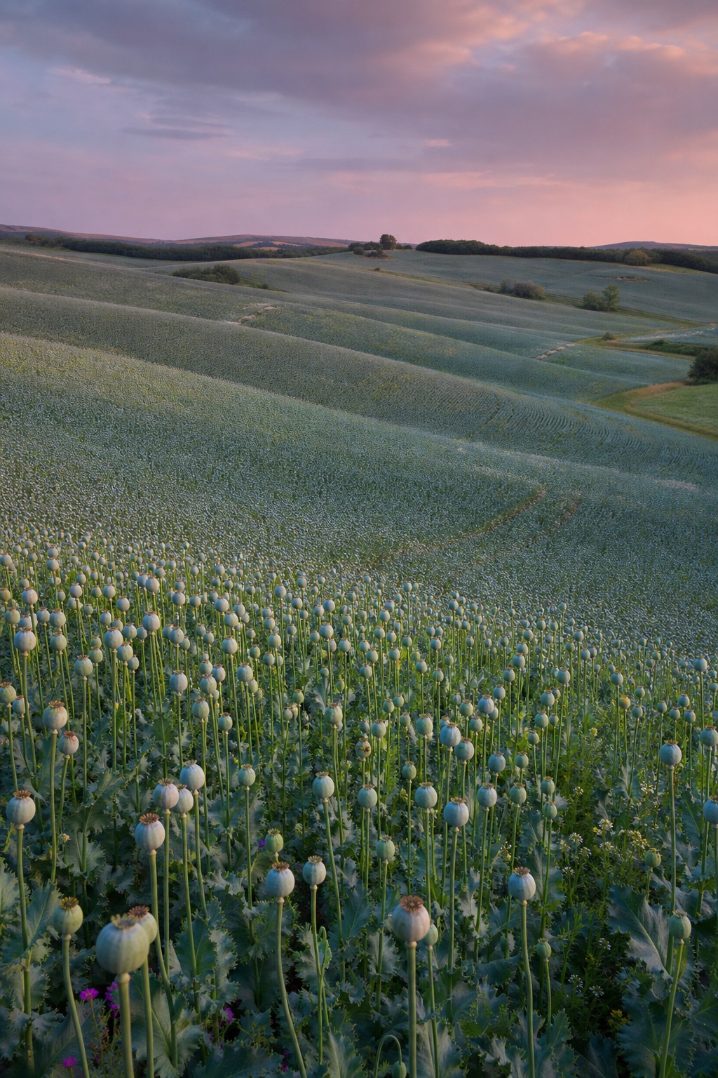 Rolling poppy seed slope with cultivated fields and layered countryside hills at sunset