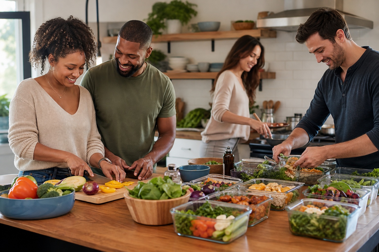 Group of people preparing food together at a kitchen counter with bowls and vegetables.
