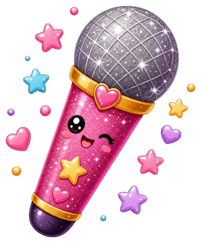 Pink glitter microphone surrounded by colorful stars and hearts