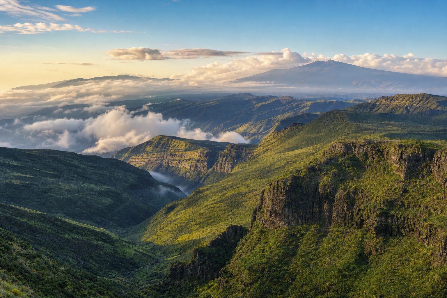 Sunlit volcanic highlands with green valleys and clouds at dawn