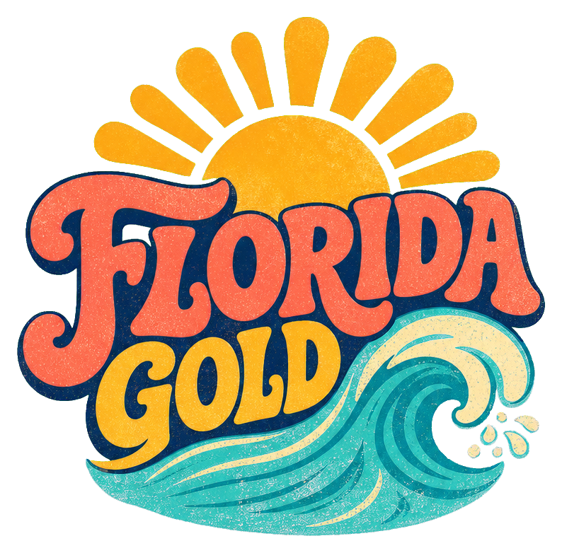 Retro Florida Gold Sun text with a sunburst and ocean wave illustration.