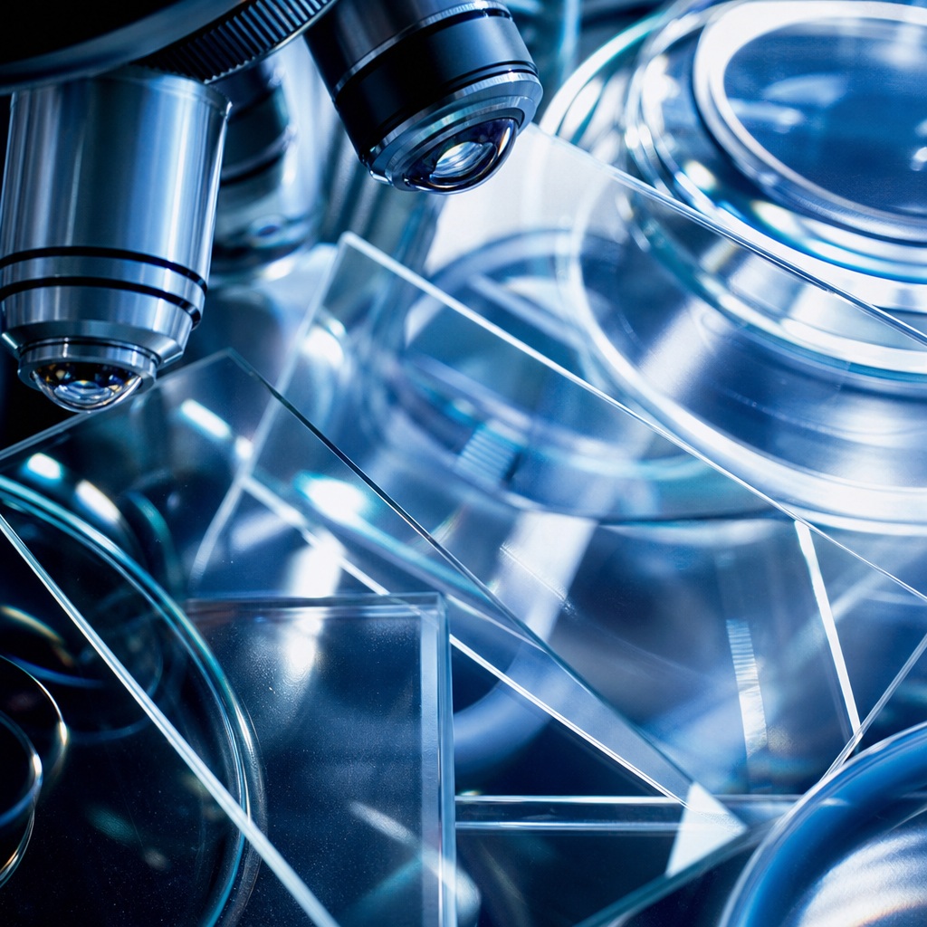 Close-up of microscope lenses and reflective laboratory glassware on a blue science surface