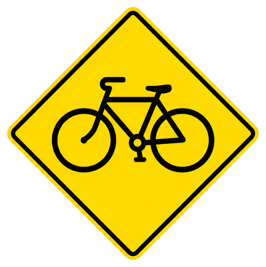 Yellow bicycle crossing sign with a black bicycle symbol in the center
