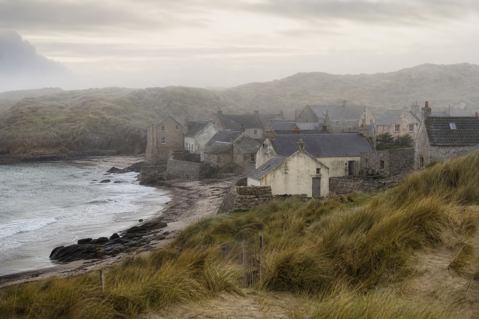Cliffside coastal village overlooking a rocky shoreline at blue hour