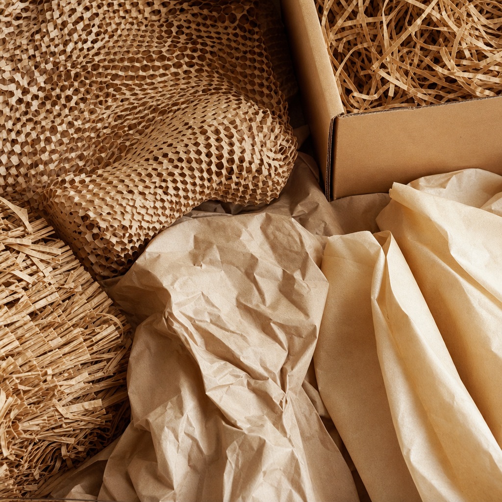Kraft paper, packing materials, and a shipping box on a packing table.