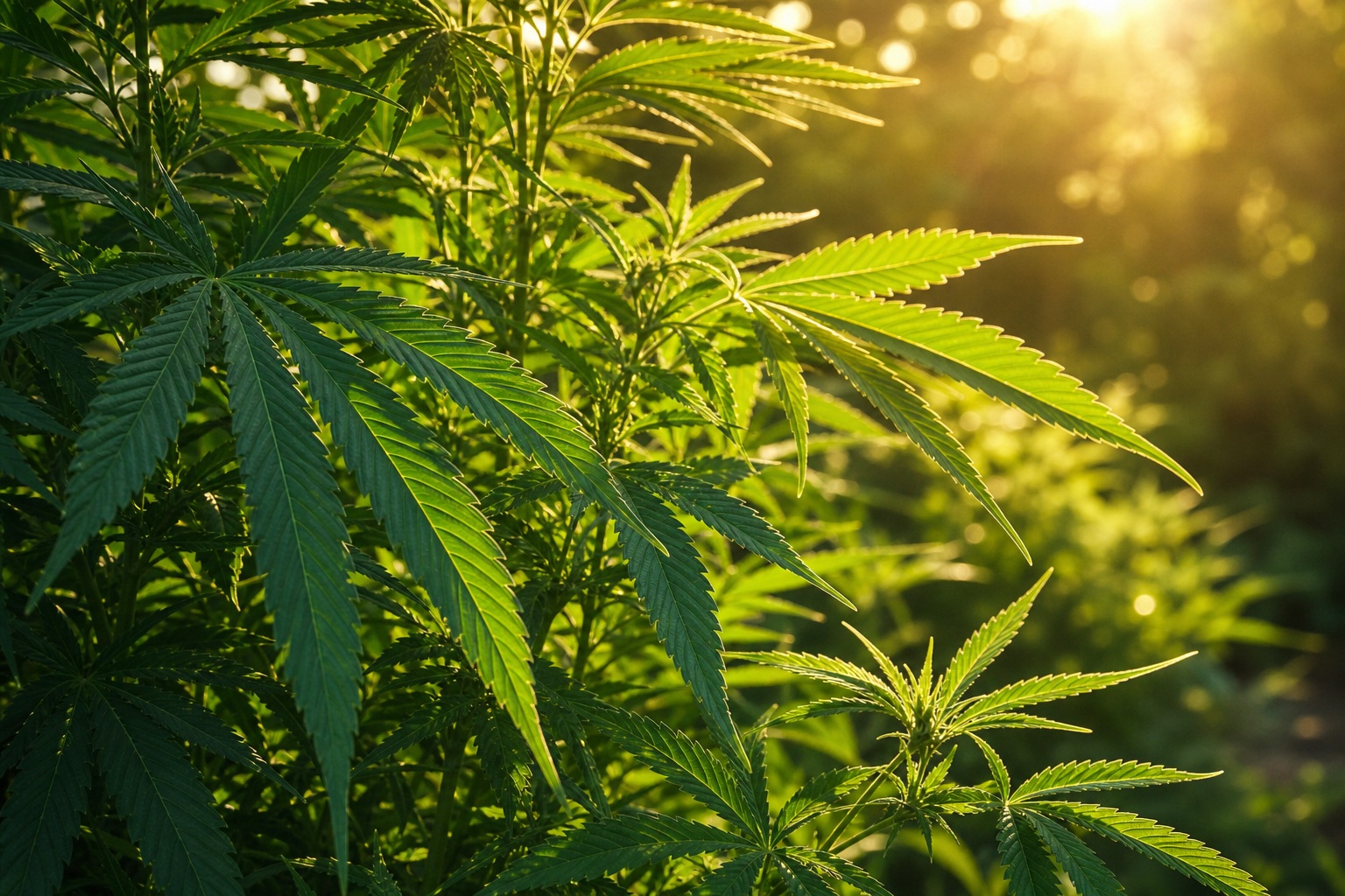 Sunlit cannabis leaves glowing in green foliage with warm light behind them