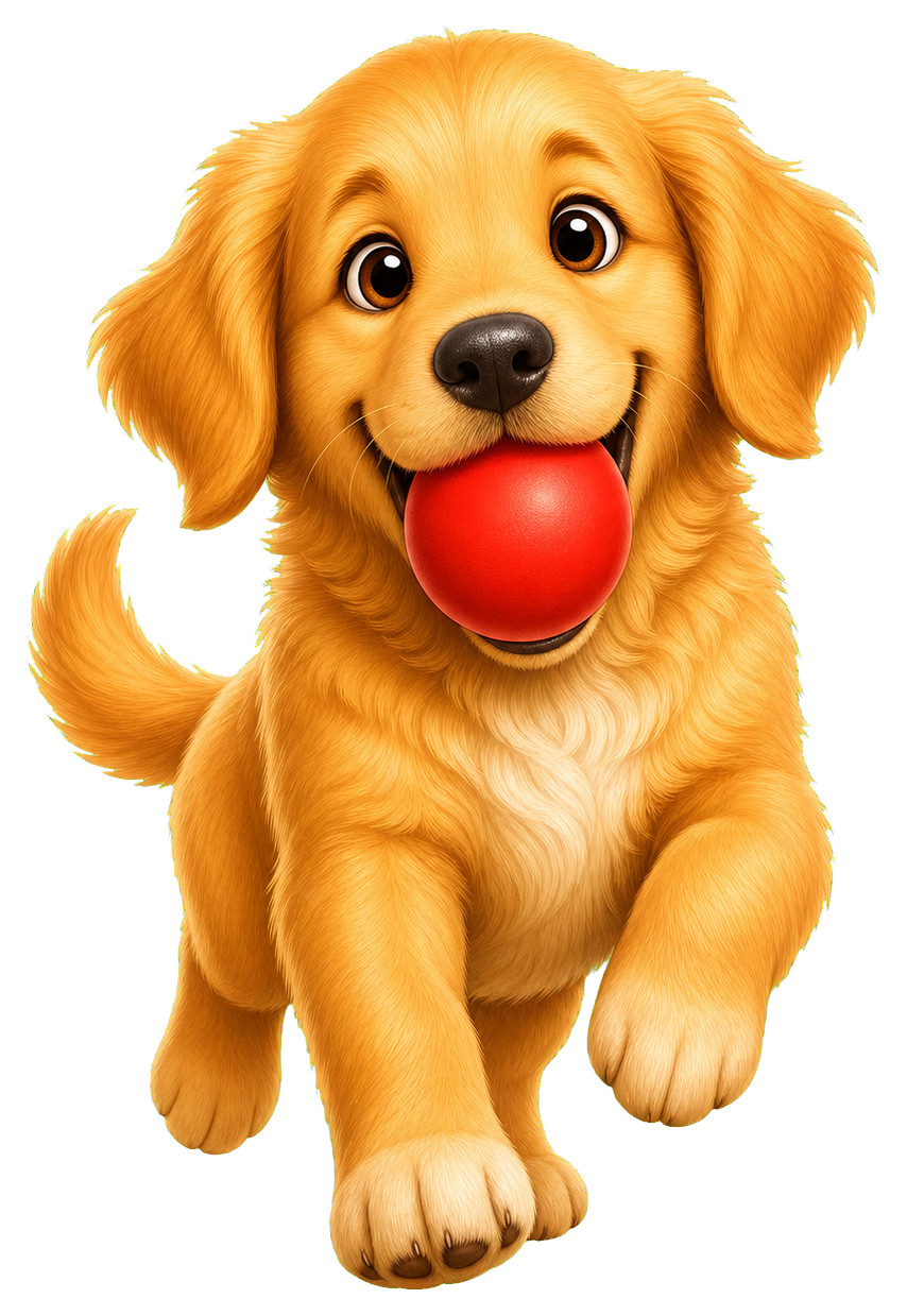 Cute golden puppy holding a red ball and walking forward