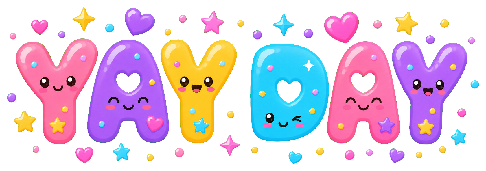 Colorful bubble letters spelling Yay Day with cute faces inside each letter.