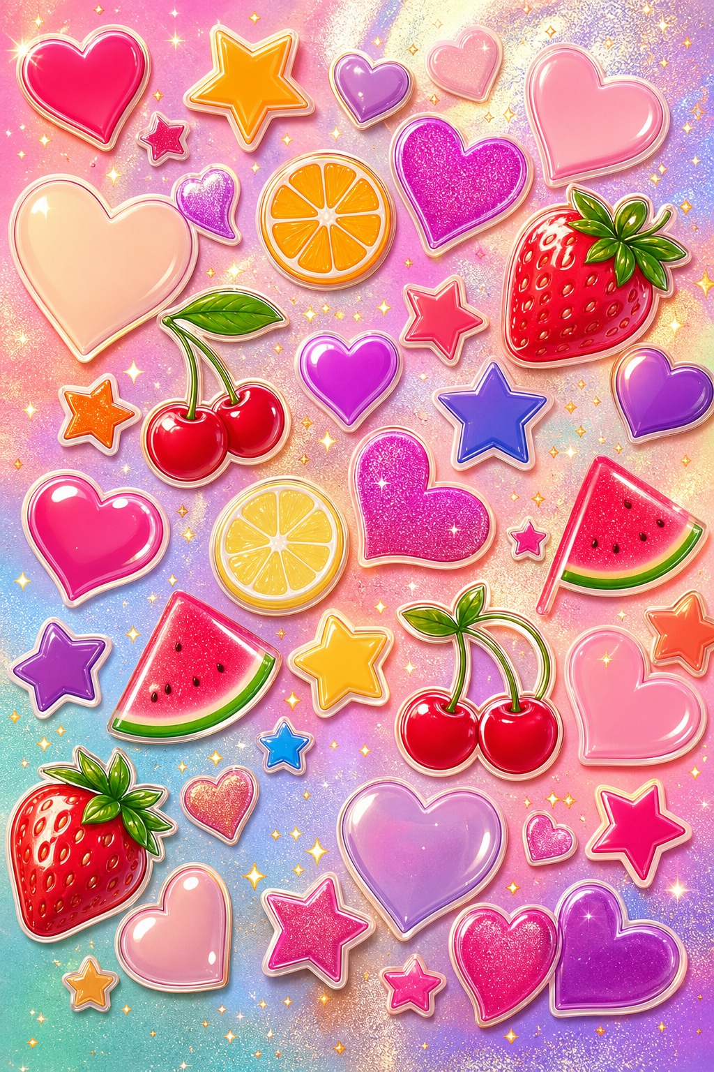 Colorful sticker collage with hearts, stars, cherries, citrus slices, strawberries, and watermelon on a pastel background