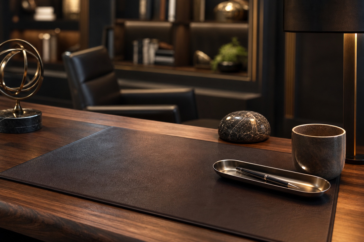 Polished wooden office desk with pen, cup, and paperweight near a window
