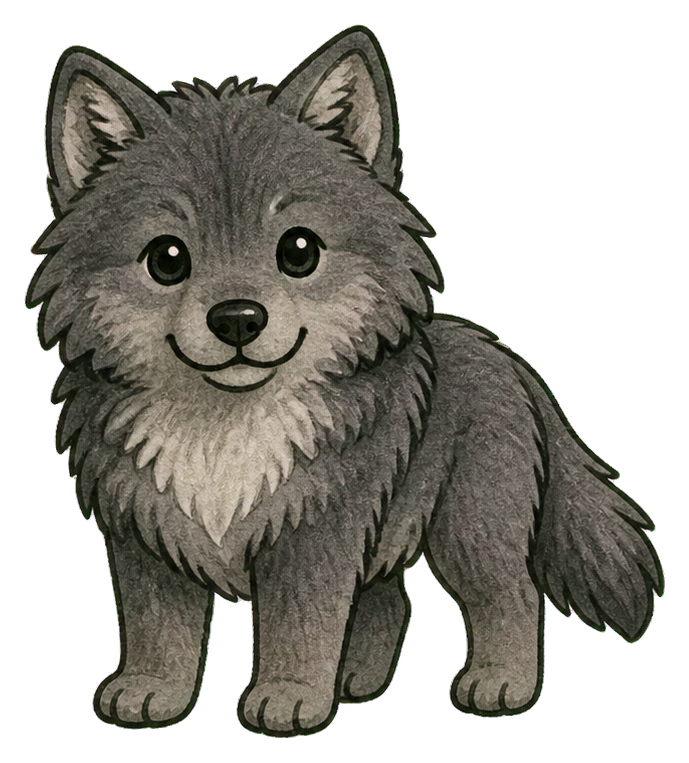 Cute gray dire wolf with fluffy fur and rounded face standing front view.