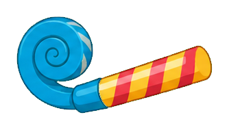 Blue party horn with a yellow and red striped mouthpiece
