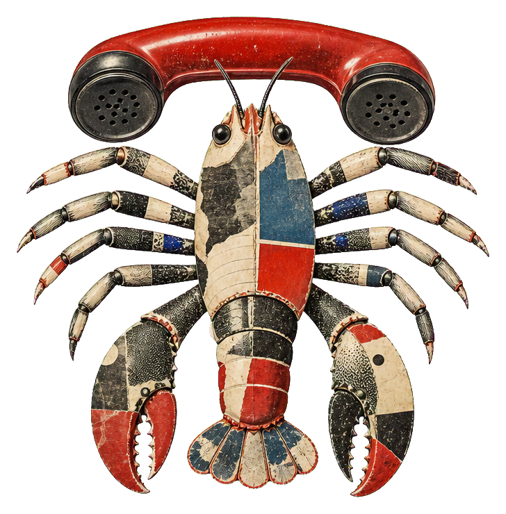 A surreal lobster-shaped telephone collage with red handset and vintage mixed media details.