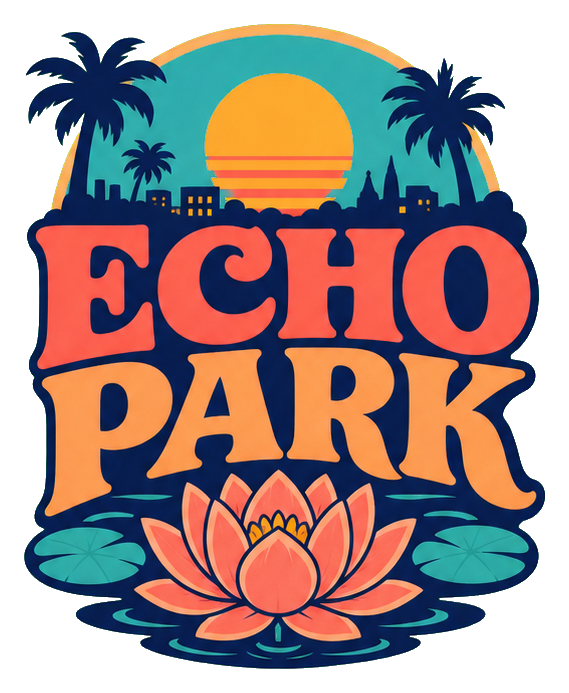 Retro Echo Park text sticker with palm trees, sunset, and a lotus flower.