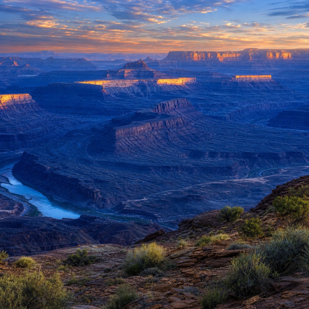 Blue canyon basin with layered desert mesas and a winding river below