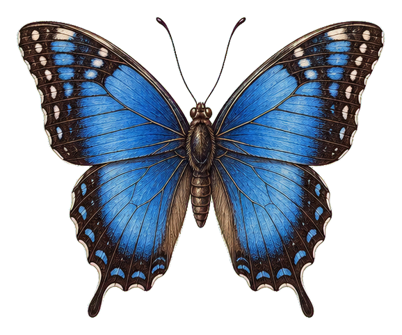 Blue butterfly with spread wings in a vintage scientific illustration style.