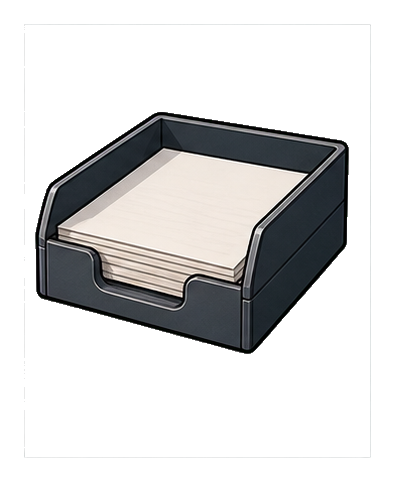 A dark office inbox tray with a stack of papers inside