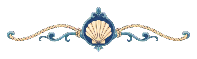 Wide ornamental scroll with curling blue and gold flourishes and a shell center
