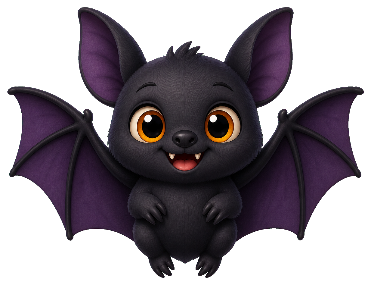 Cute black bat with purple wings and big eyes on transparent background
