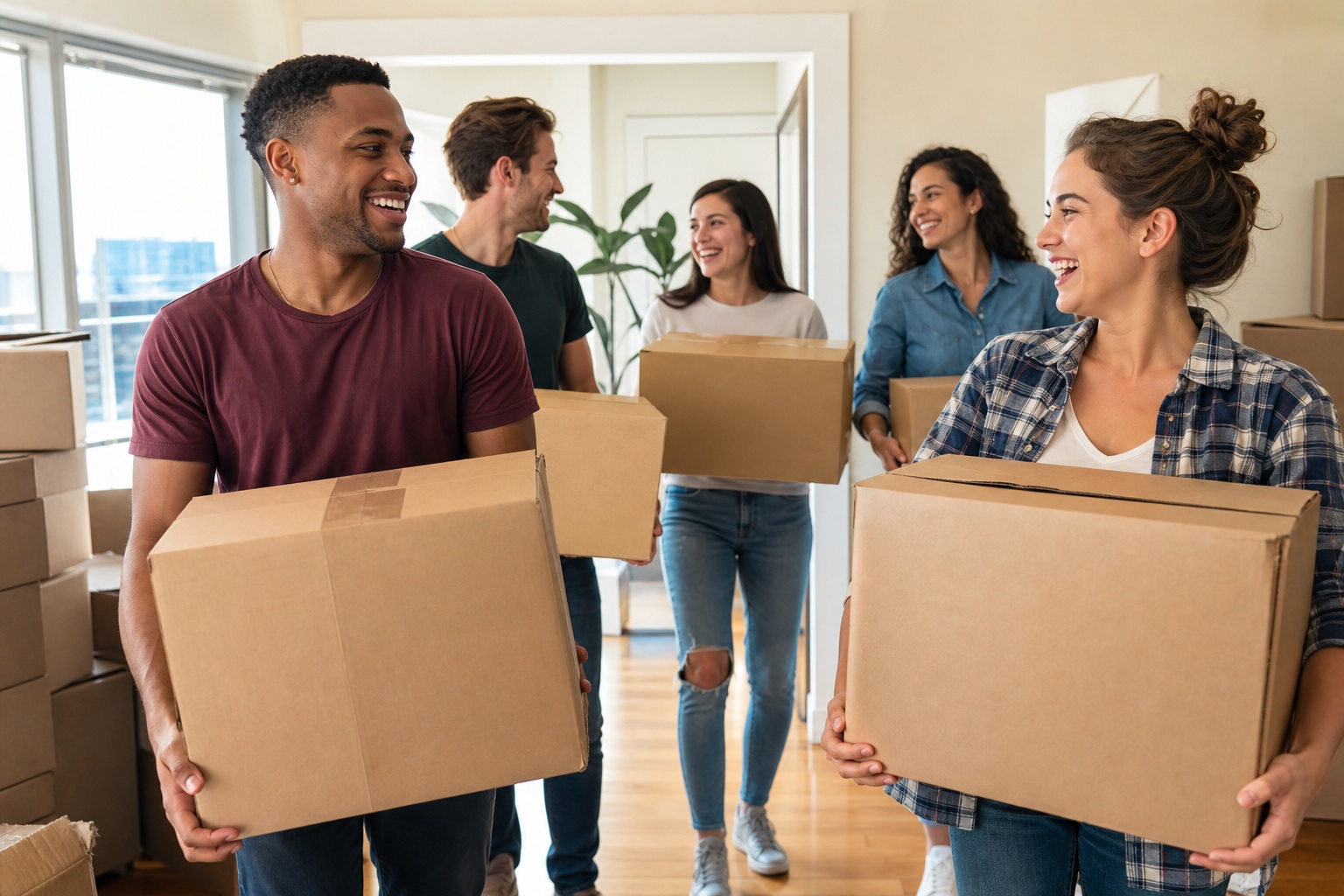 Friends carrying moving boxes together in a bright home during moving day