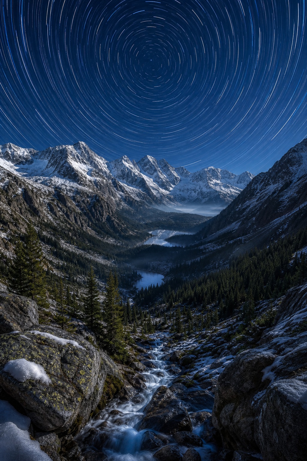 Preview for Star Trail Valley Moonlit Mountain Background