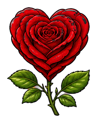 Heart shaped red rose with green leaves and stem on a dark background.