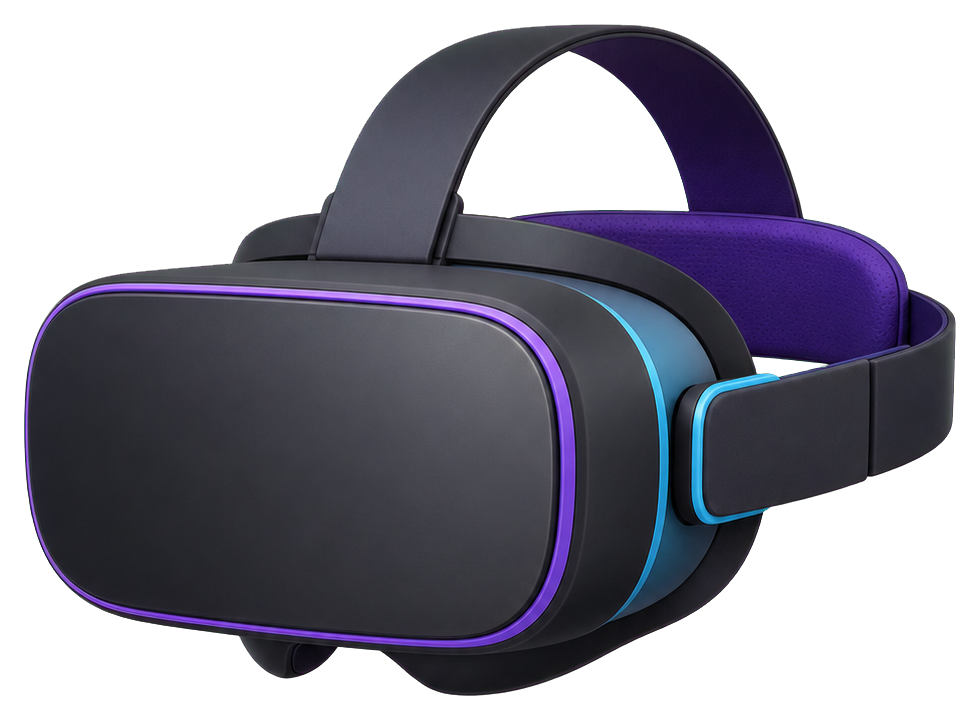 Blank virtual reality headset with purple and blue accents on a black body