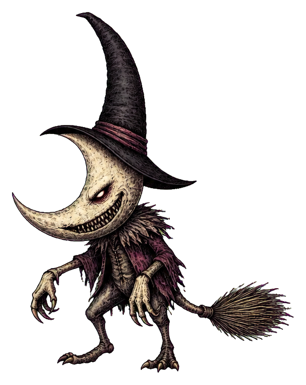 Creepy witch-like creature with a crescent moon face, pointed hat, and broom tail