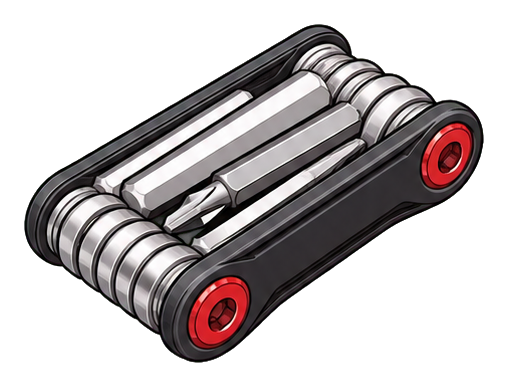 Folding bike multitool with red pivot points and silver tool segments