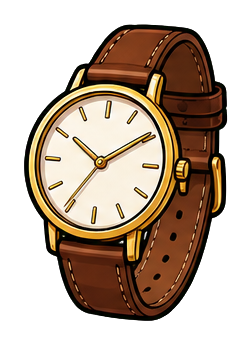 Brown leather wristwatch with a gold case and white face.