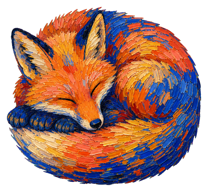 A curled orange and blue swirling fox in a painterly style