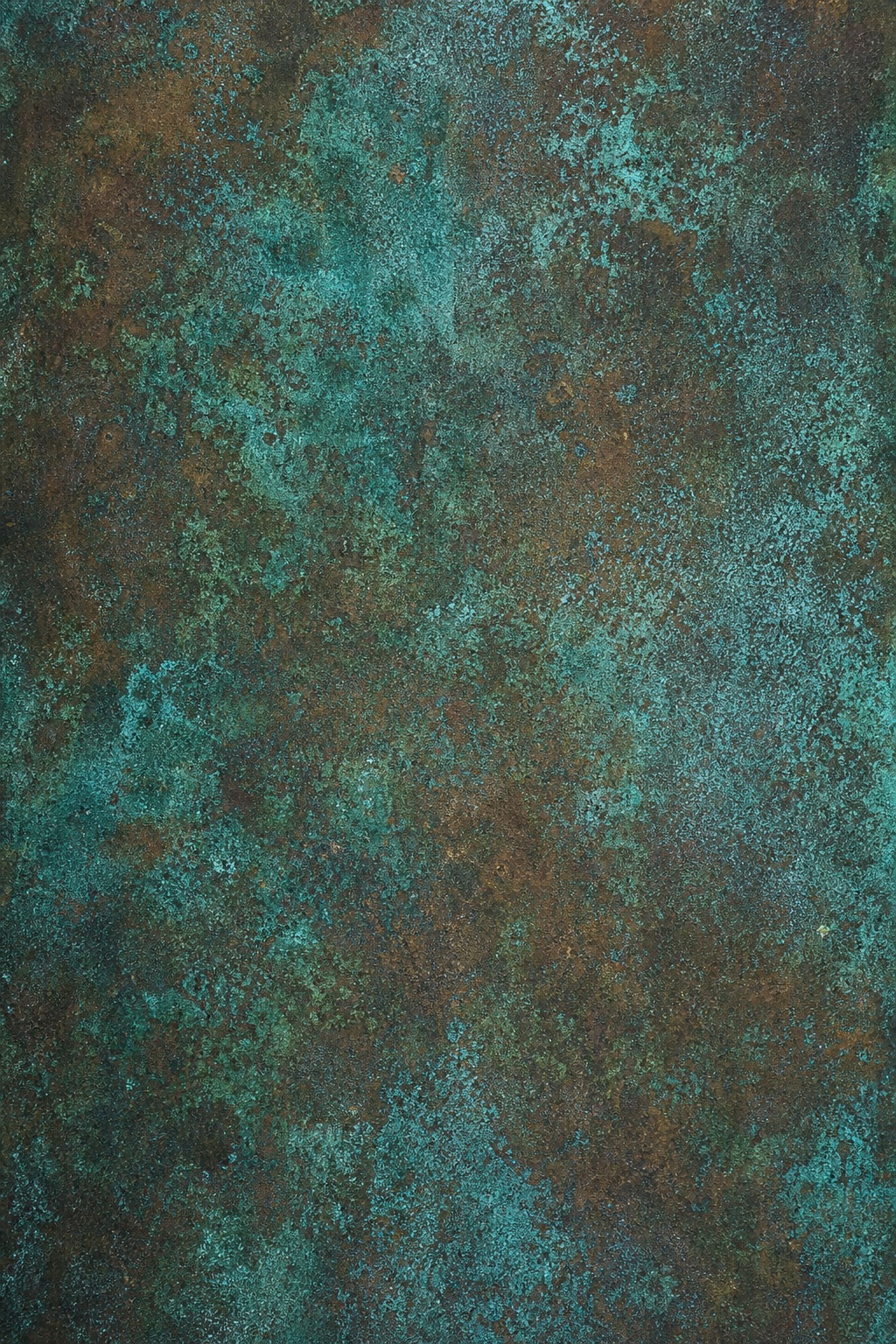 Abstract oxidized metal surface with teal patina and brown weathered texture