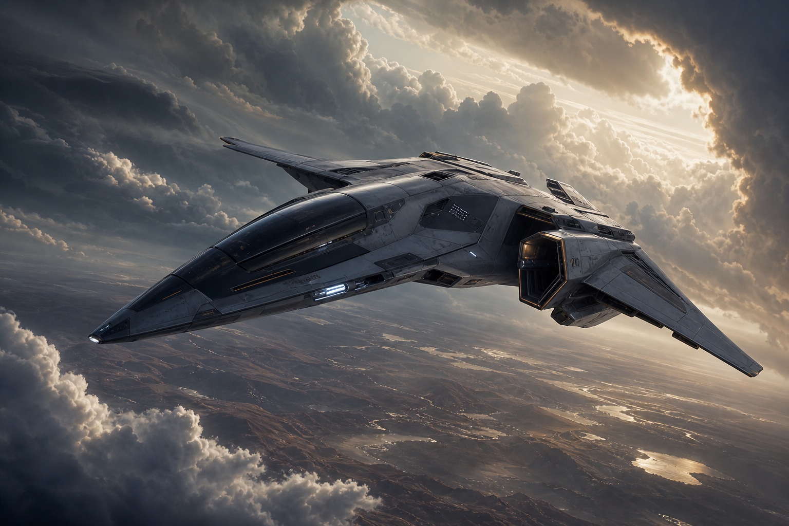 Dark futuristic spacecraft flying above clouds with dramatic light in the sky