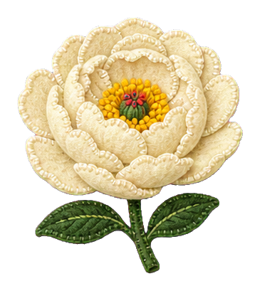 Cream felt peony flower with layered petals and green leaves