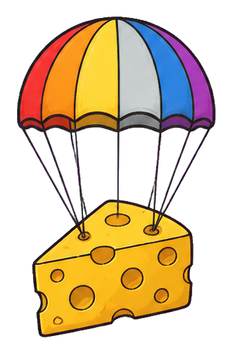A wedge of cheese hanging from a rainbow parachute.