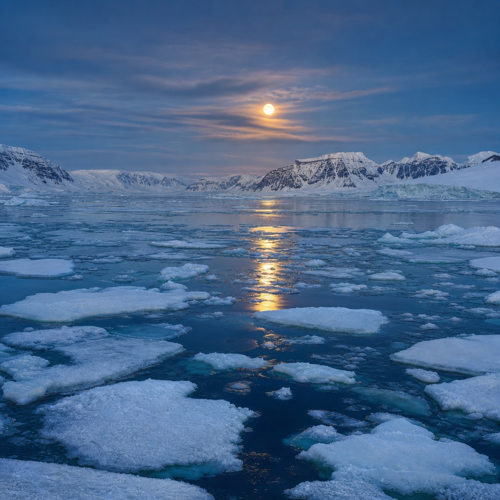 Moonlit Arctic icefield with icy water and distant mountains at night