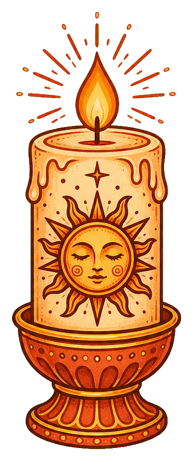 A candle with a sun face and glowing rays in warm orange tones