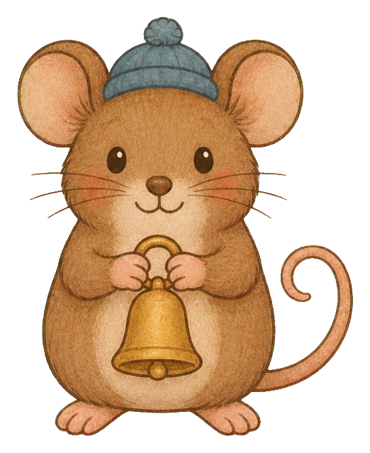 A warm brown mouse wearing a knit hat and holding a bell with a curled tail.
