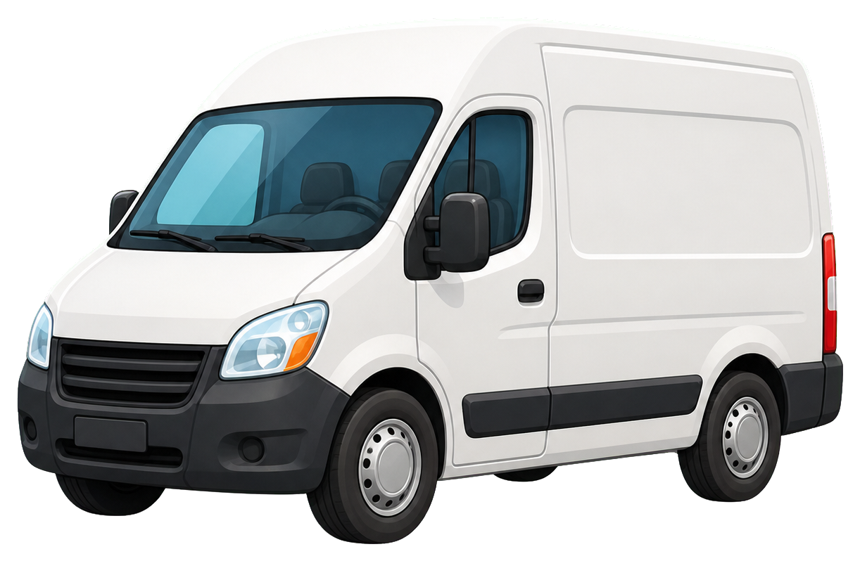 White blank delivery van sticker shown in side view with black wheels and windows.