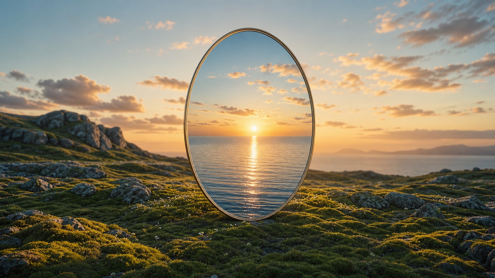 Sunset landscape with an oval mirror framing the horizon above rocky mossy ground.