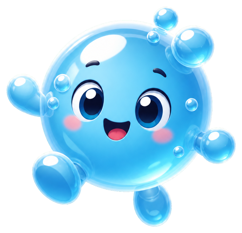 Cute blue bubble mascot with smiling face, rosy cheeks, and small bubble arms and legs.