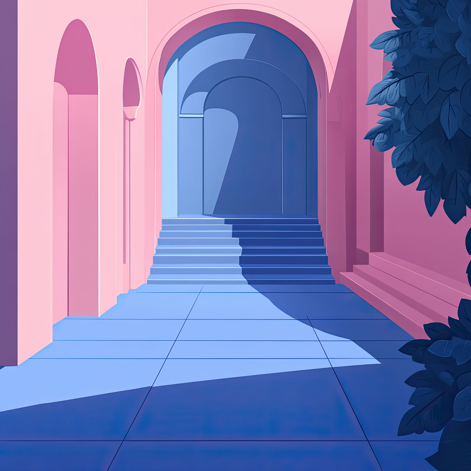 Preview for Mysterious-pink-corridor-blue-staircase-whimsical-backdrop-backg-6e5dc